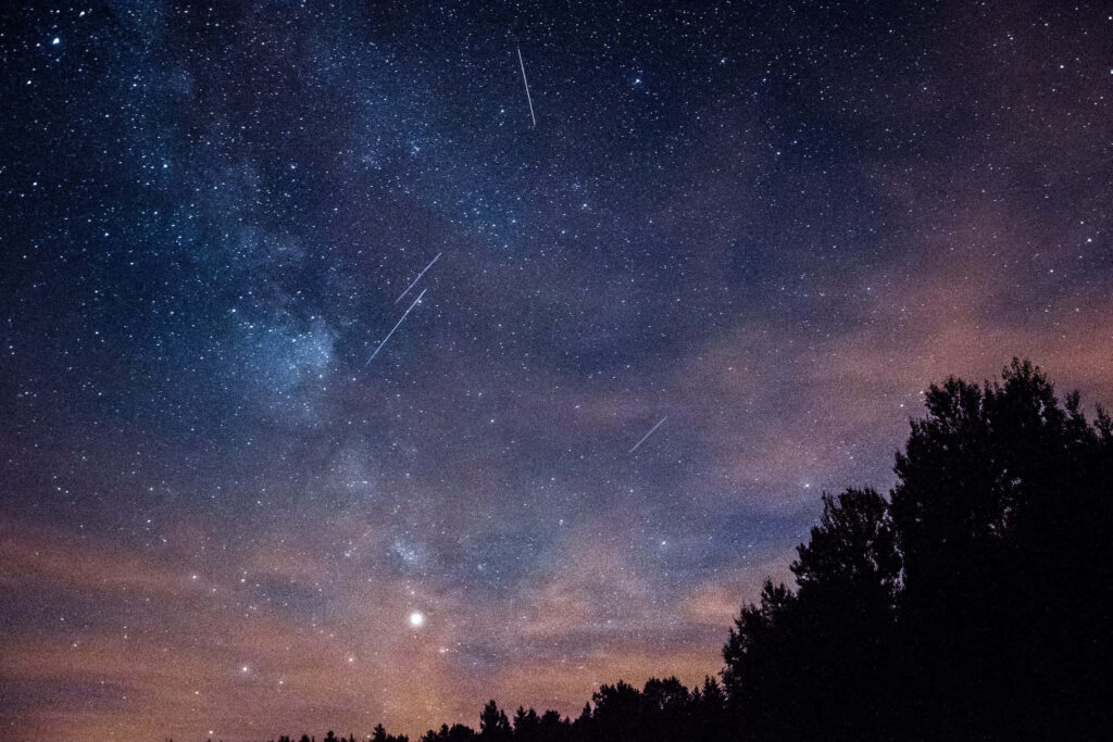 Stunning Meteor Shower Wallpaper over Starry Sky & Silhouetted Trees