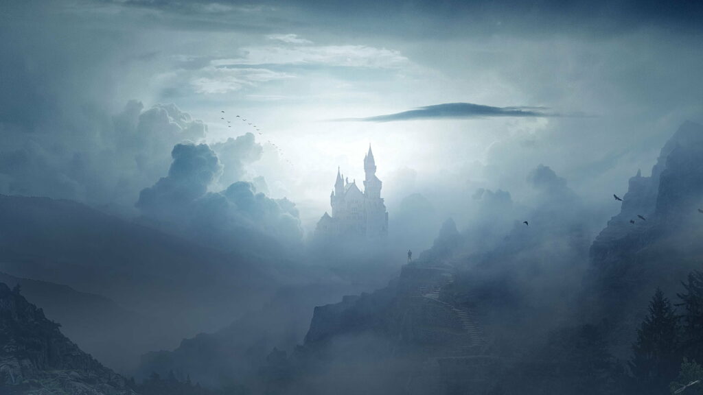 Majestic Citadel amidst Enveloping Mist: An Artistic HD Wallpaper with Cloud-kissed Mountain Peaks