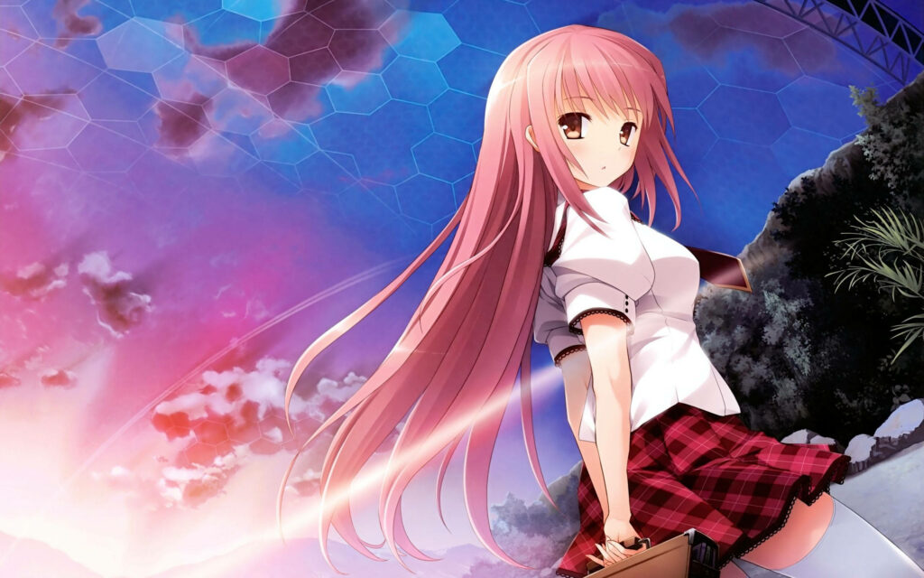 Sunlit Stroll: Captivating Anime Schoolgirl with Long Pink Hair and Adorable Style Wallpaper