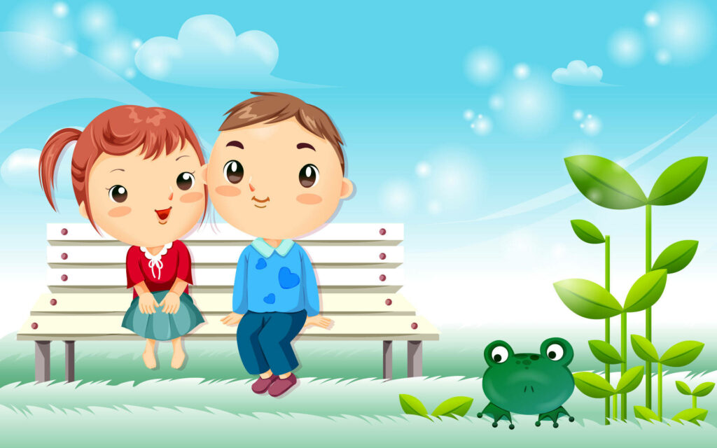 Froggy Love Nest: A Cartoon Couple's Delightful Picnic Wallpaper