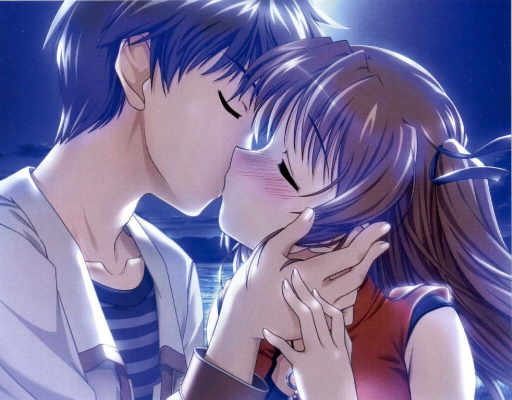 Moonlit Romance: An Enchanting Anime Moment of Sweet Affection Wallpaper