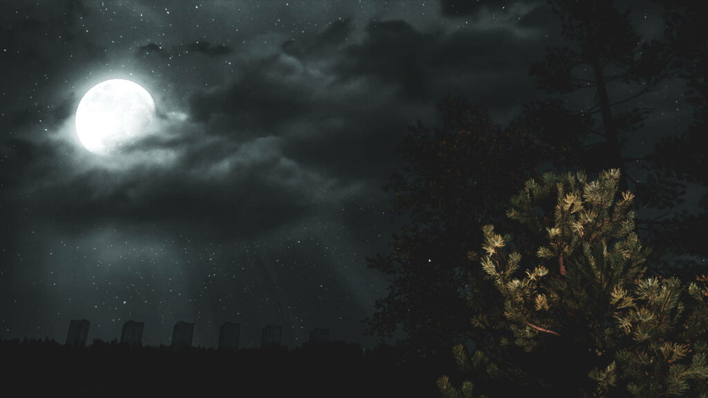 Ethereal Nightfall: A Haunting Landscape with Moonlit Trees, Tombstones, and a Majestic Moon Wallpaper