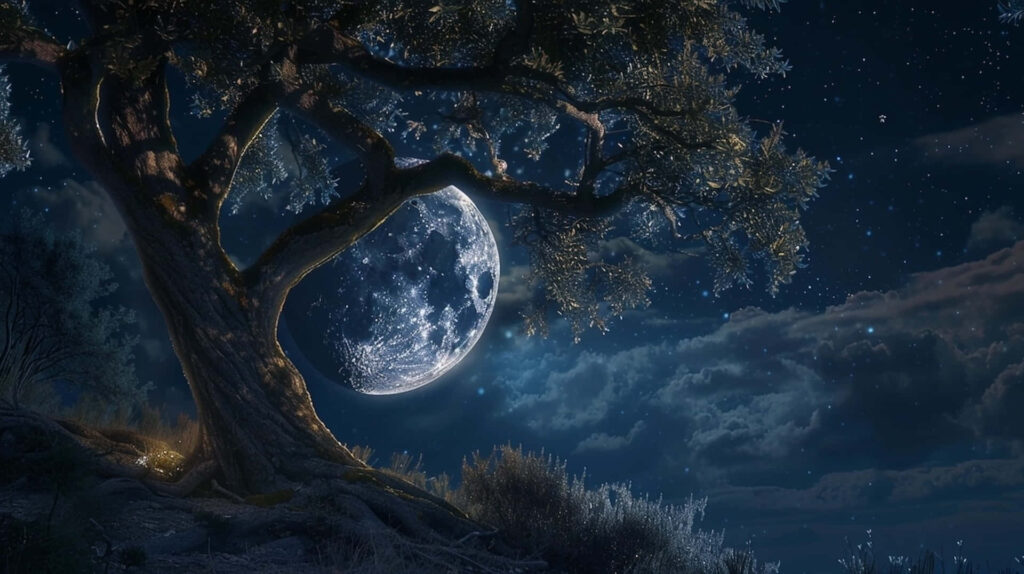 Enchanted Moonlit Wallpaper: Ancient Tree & Starry Night Sky