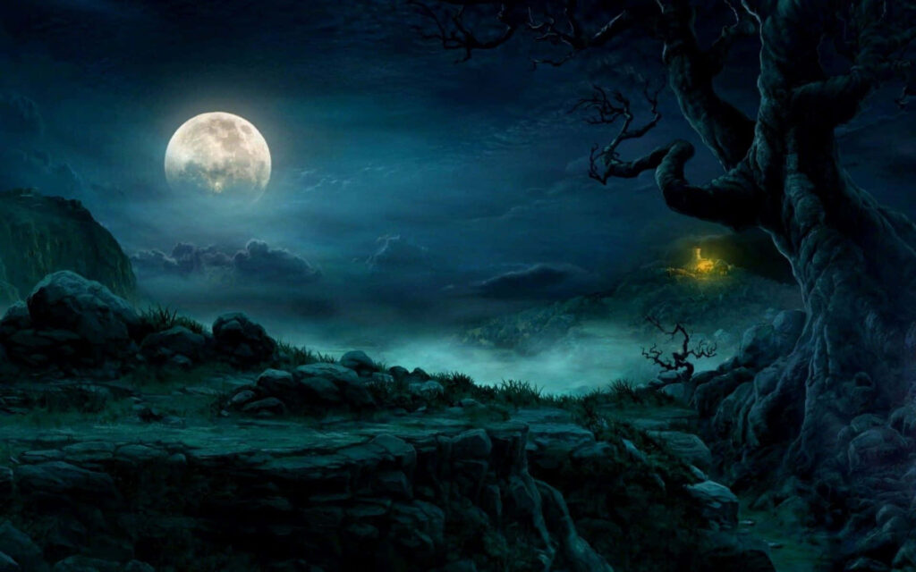 Enigmatic Moonlit Landscape: Mystical Night Sky Wallpaper