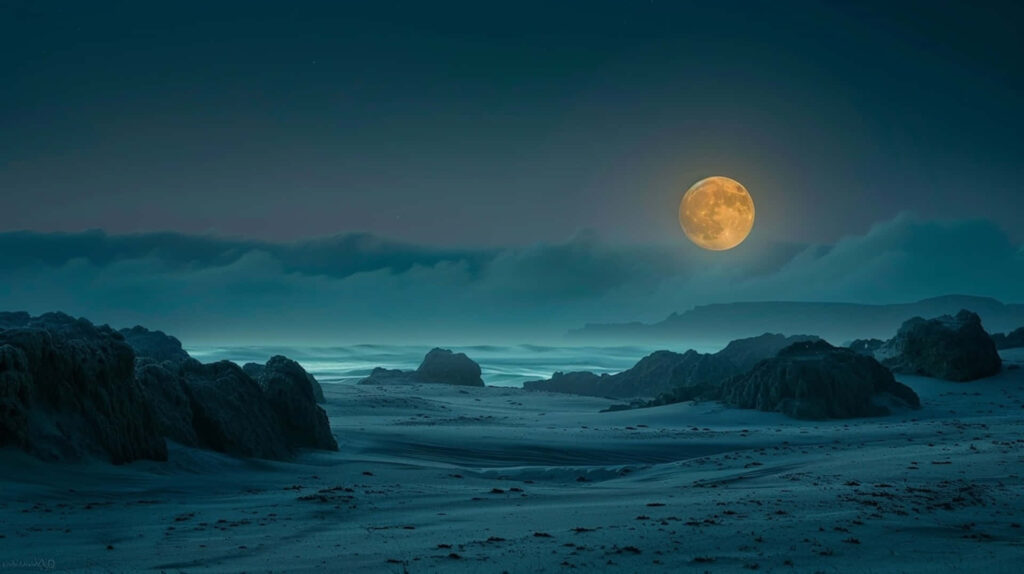 Enchanting Moonrise Wallpaper: Tranquil Sea Shore & Rugged Rocks