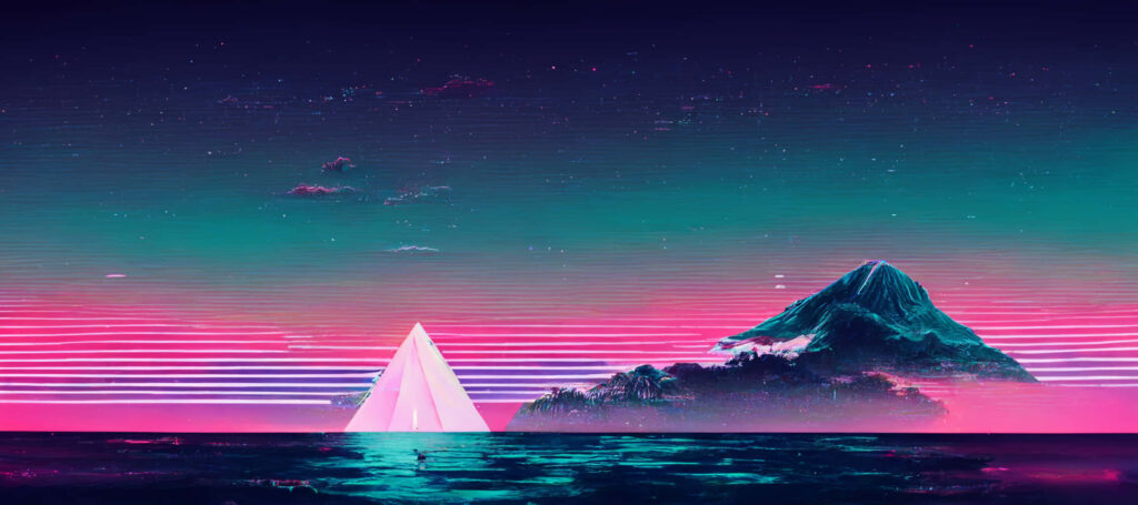 Majestic Mountains beneath a Dreamy Vaporwave Sky. Surreal Lake & Geometric Illumination Wallpaper