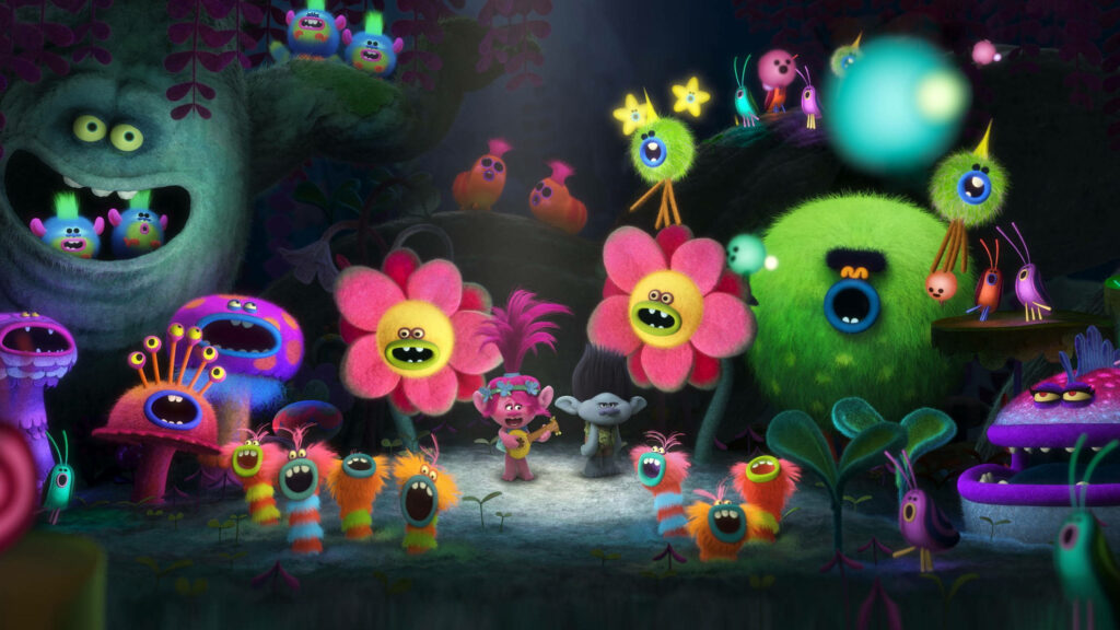 Enchanting Jam Session: Poppy and the Kingdom's Adorable Creatures Bring Musical Magic, While Branch Remains Grumpily Observant - Trolls Background Delight Wallpaper