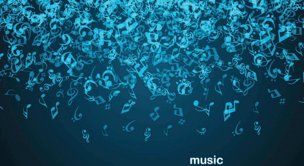 Enchanting Musical Symphony Wallpaper with Blue Notes on Dark Background
