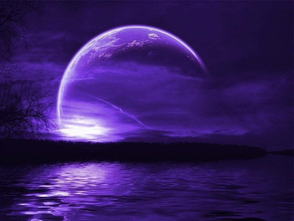 Glowing Neon Moon Wallpaper: Enchanting Purple Landscape at Dusk