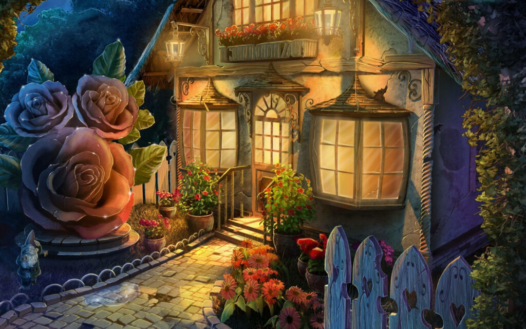 Enchanting Nighttime Abode: House Embraced by Majestic Floral Murals Wallpaper