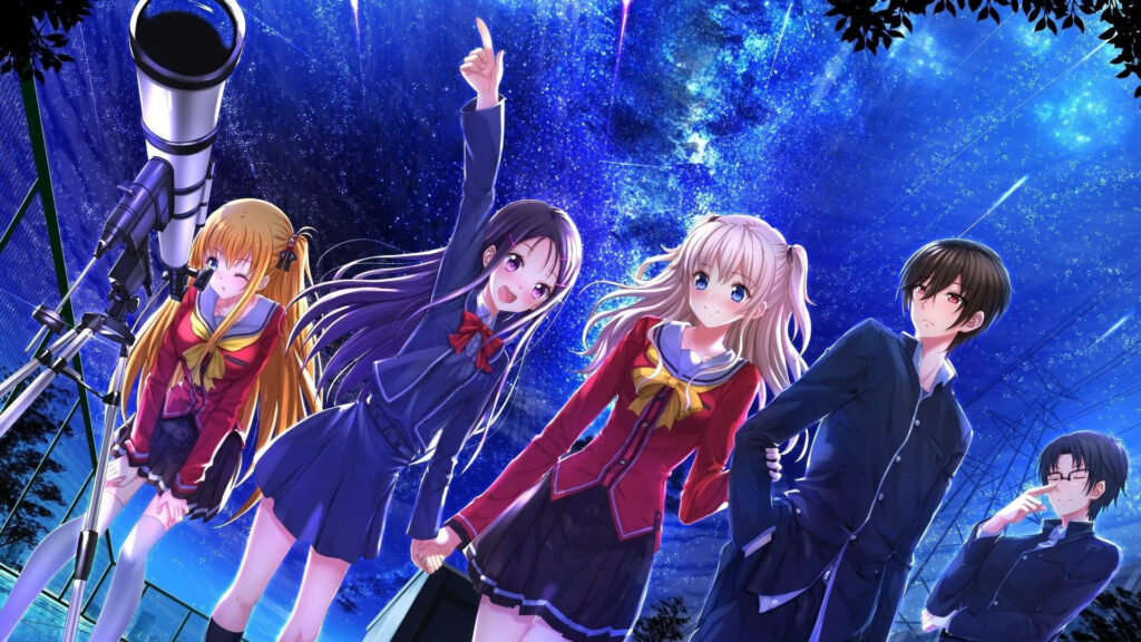 Starry Night Charms: Mesmerizing HD Anime Background Illustrating the Radiant Cast of Anime Charlotte under a Deep Blue Star-Studded Sky Wallpaper