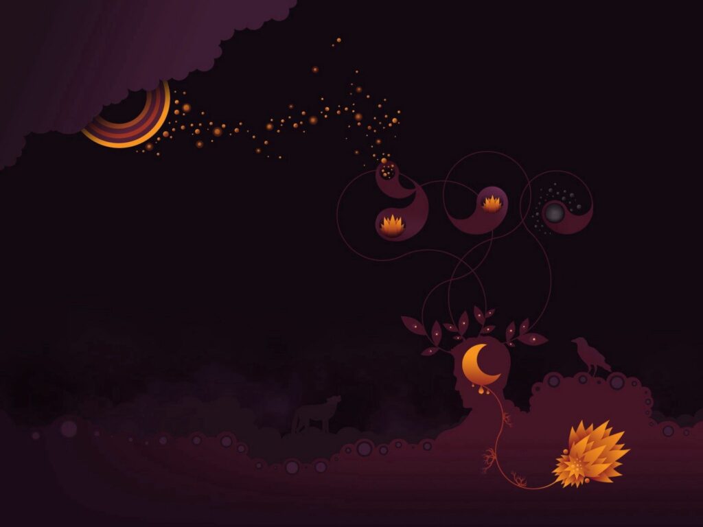 Whimsical Dark Night Sky Wallpaper with Abstract Flowers & Glowing Details