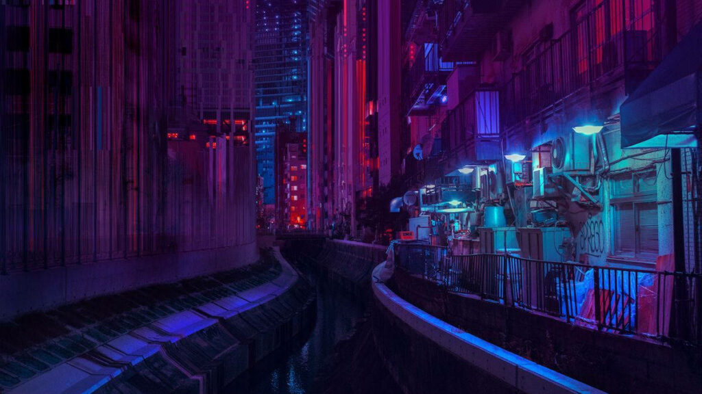 Electric Dreams: Vibrant Purple Neon Urban Landscape for Your Computer Background Wallpaper