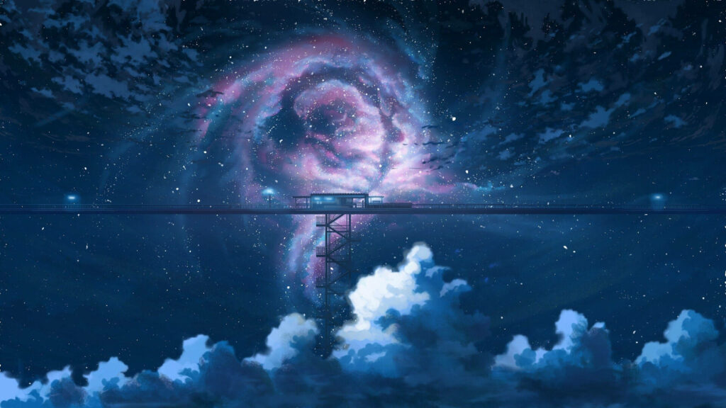 The Celestial Gathering: A Mesmerizing Train Station Embraced by a Twilight Galaxy Wallpaper