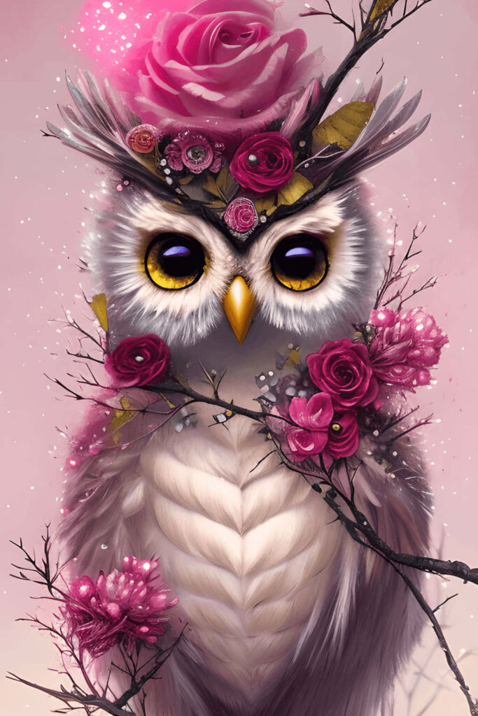 Whimsical Owl Wallpaper with Pink Roses and Delicate Feathers