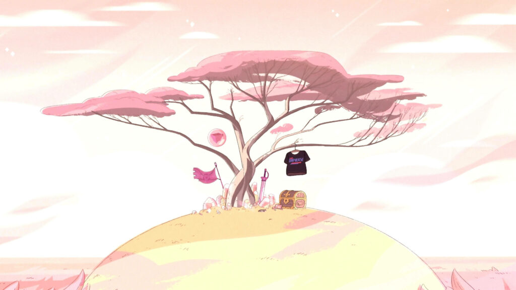 Pink Serenity: Captivating Steven Universe iPad Background with Calm Sky and Enchanting Pink Tree Wallpaper