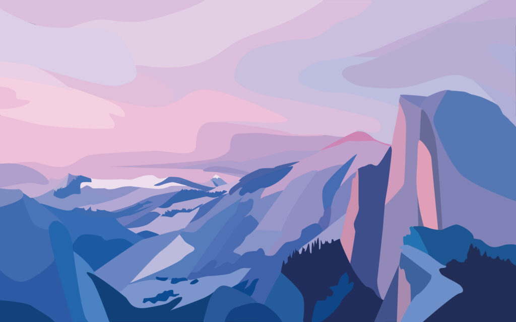 Purple Majesty: A Vibrant Kaleidoscope of Patterns Adorning a Serene Mountain Landscape Wallpaper