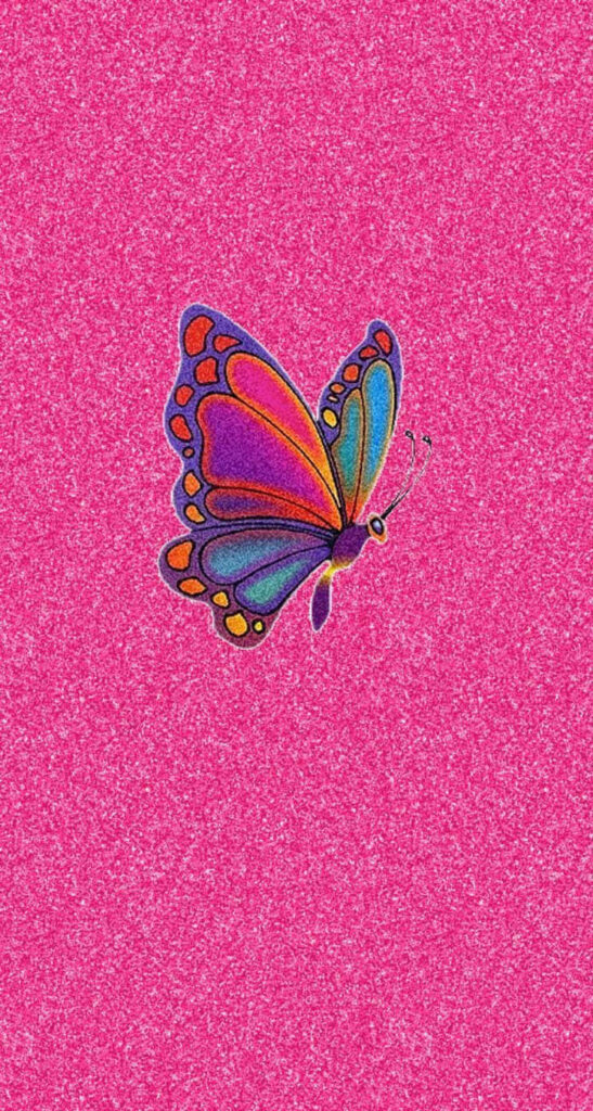 Dazzling Butterfly: A Stunning Pink Glitter Beauty Amidst Lush Green Foliage Wallpaper