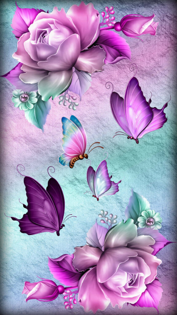 Enchanting Pink & Purple Flower Wallpaper with Detailed Butterflies