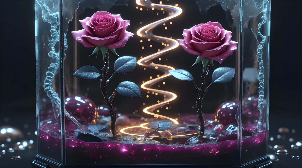 3D digital art of two pink roses in glass with golden light vortex on dark purple fantasy background Wallpaper