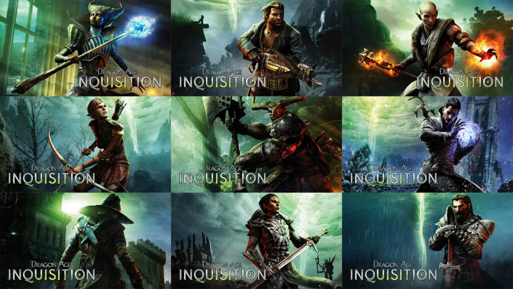 Legends Unite: A Mesmerizing Collage of Dragon Age Inquisition's Iconic Heroes, Cole, Varric Tethras, and Iron Bull, against a Captivating Fantasy Background Wallpaper