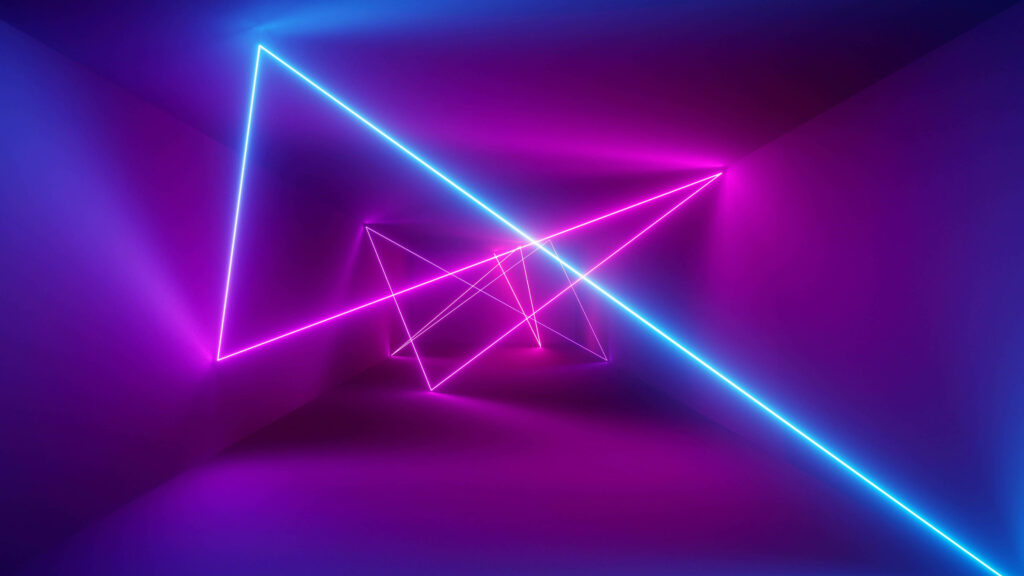 Glimmers of Cybernetic Serenity: Vibrant Laser Lights Transform an Echoing Corridor into a Mesmerizing Virtual Oasis Wallpaper