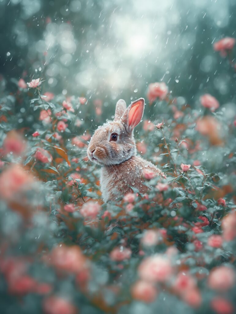 Enchanting Rabbit & Flowers Wallpaper: Spring Bliss in Nature