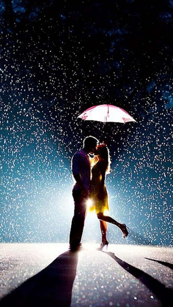 Passionate Love Illuminated in Rain: A Dreamy Nighttime Romance Under Umbrella's Glow Wallpaper