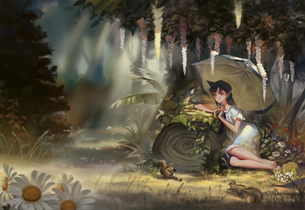 Serene Ran Mouri Wallpaper: Enchanted Forest Digital Art