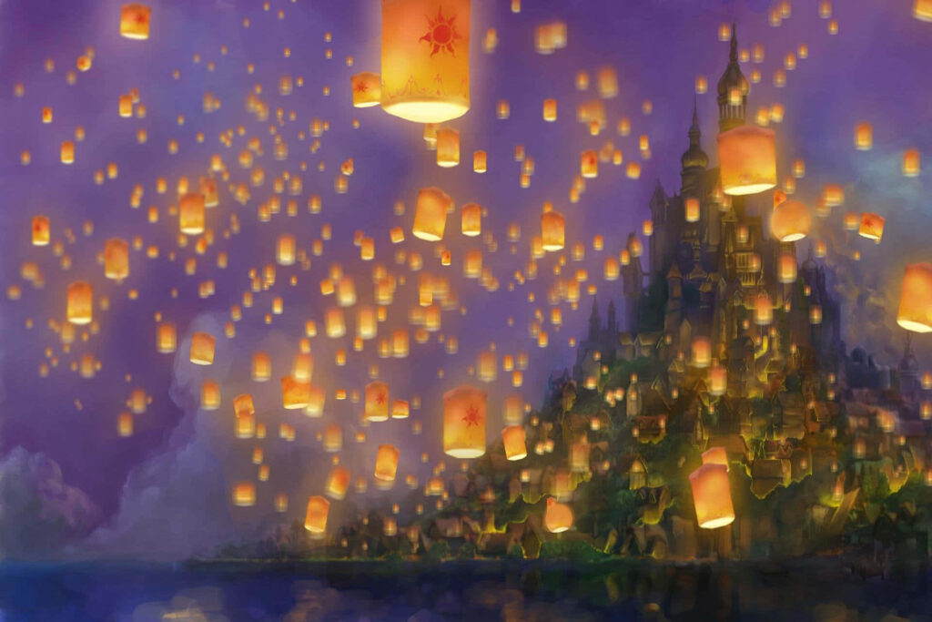 Enchanting Rapunzel Castle: Floating Lanterns Night Sky Wallpaper