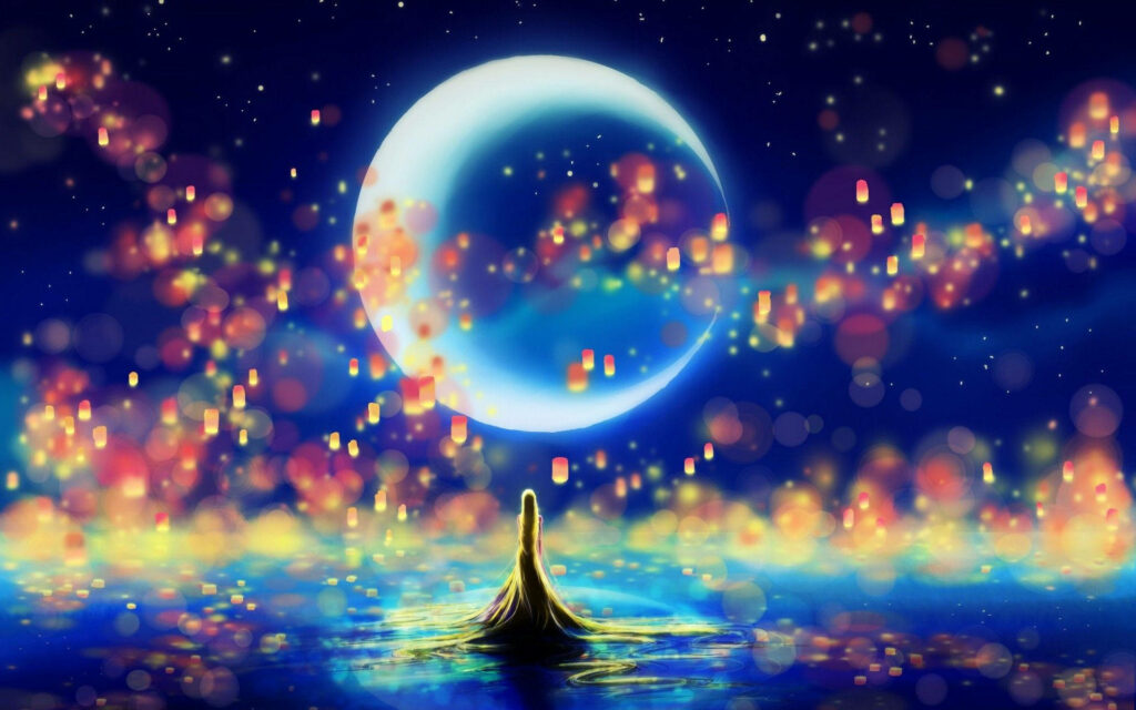 Enchanting Rapunzel Wallpaper: Lanterns & Crescent Moon Magic