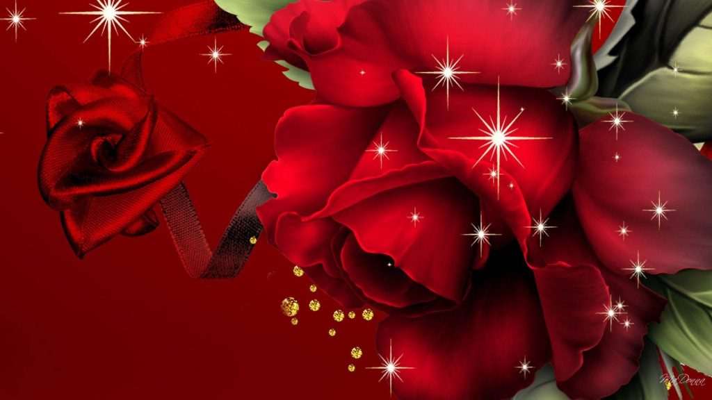 Vibrant digital art of lush red roses with ribbon accents and sparkling gold and white effects Wallpaper