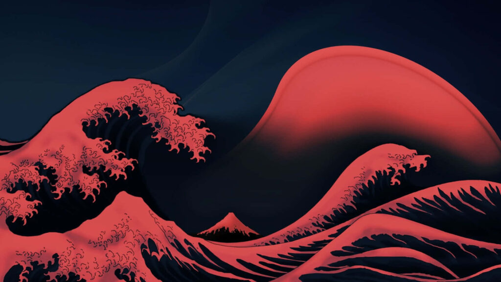 Crimson Surges: A Captivating Artistic Seascape across a Mysterious Nighttime Sky Wallpaper