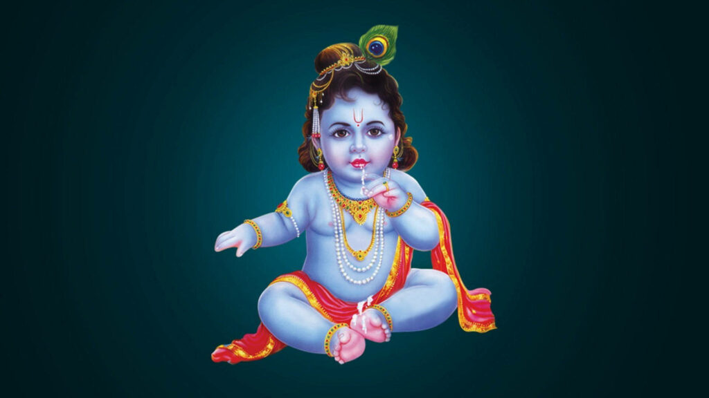 Emerald Serenity: Adorable Baby Shri Krishna Embraces Divine Protection Wallpaper