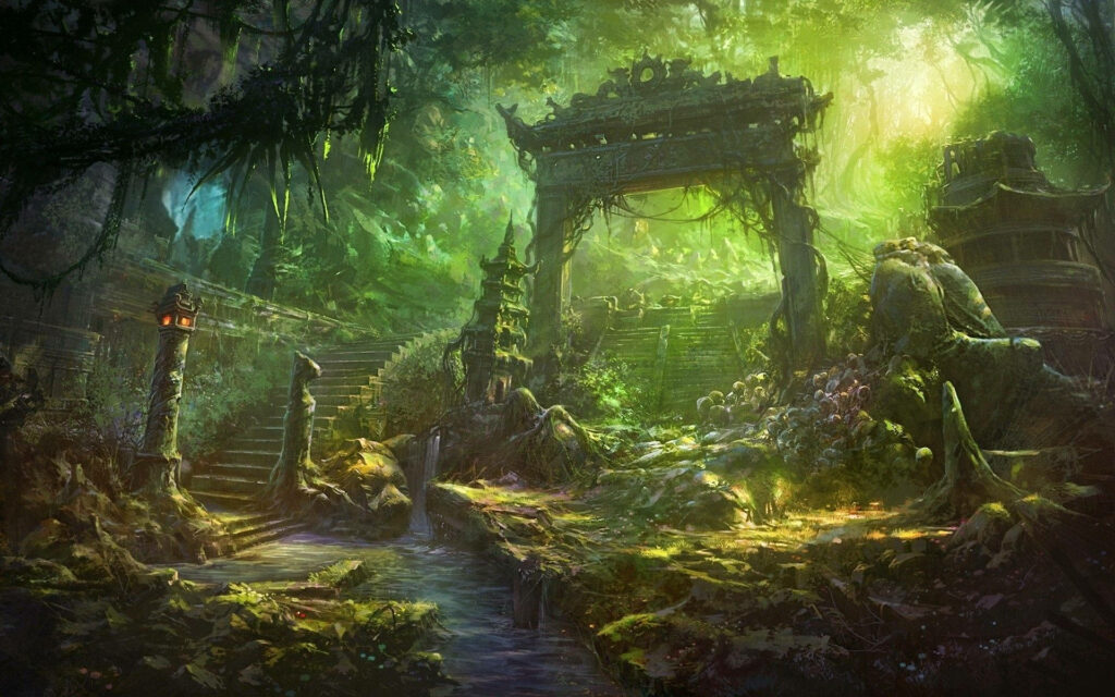 Enchanted Ruins: A Vibrant Fantasy Forest Wallpaper