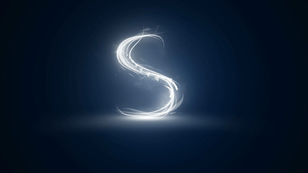 Glowing ethereal letter S wallpaper with white light trails on deep navy blue background digital art