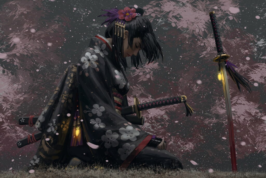 Blossoming Warrior: Empowering Samurai Spirit Embraces Sakura Serenity Wallpaper
