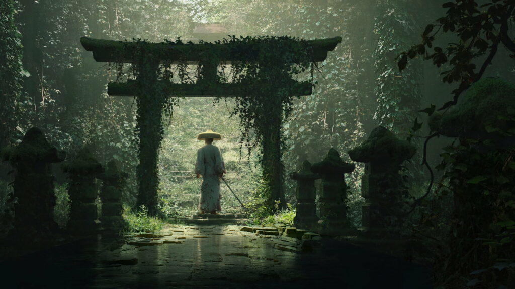 Enchanting Samurai: Serene Greenery, Majestic Katana, and Tranquil Torii - HD Wallpaper Masterpiece