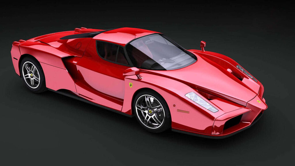 Red Ferrari Enzo: Artfully Racing through Nature's Majestic Canvas Wallpaper