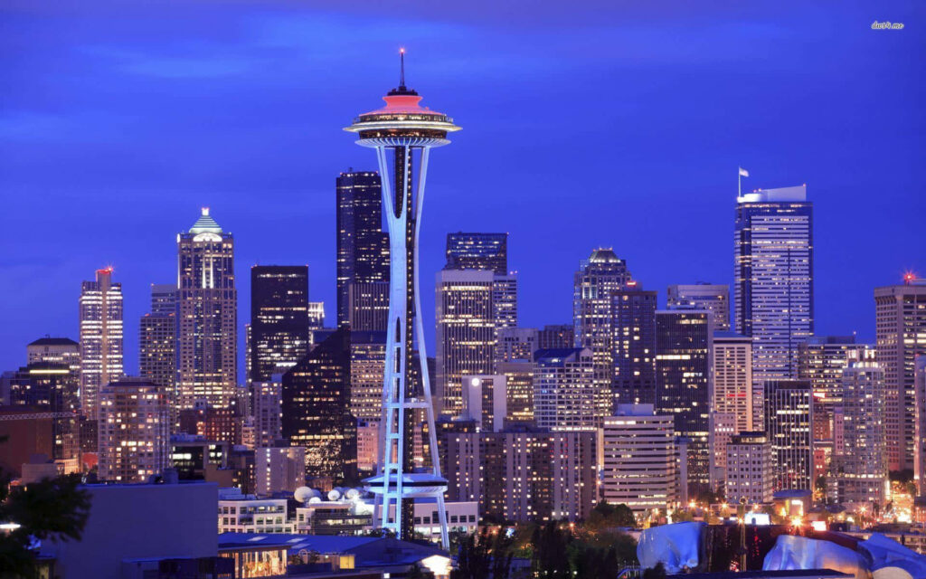 Enchanting Seattle Skyline Night Wallpaper: Space Needle Glow