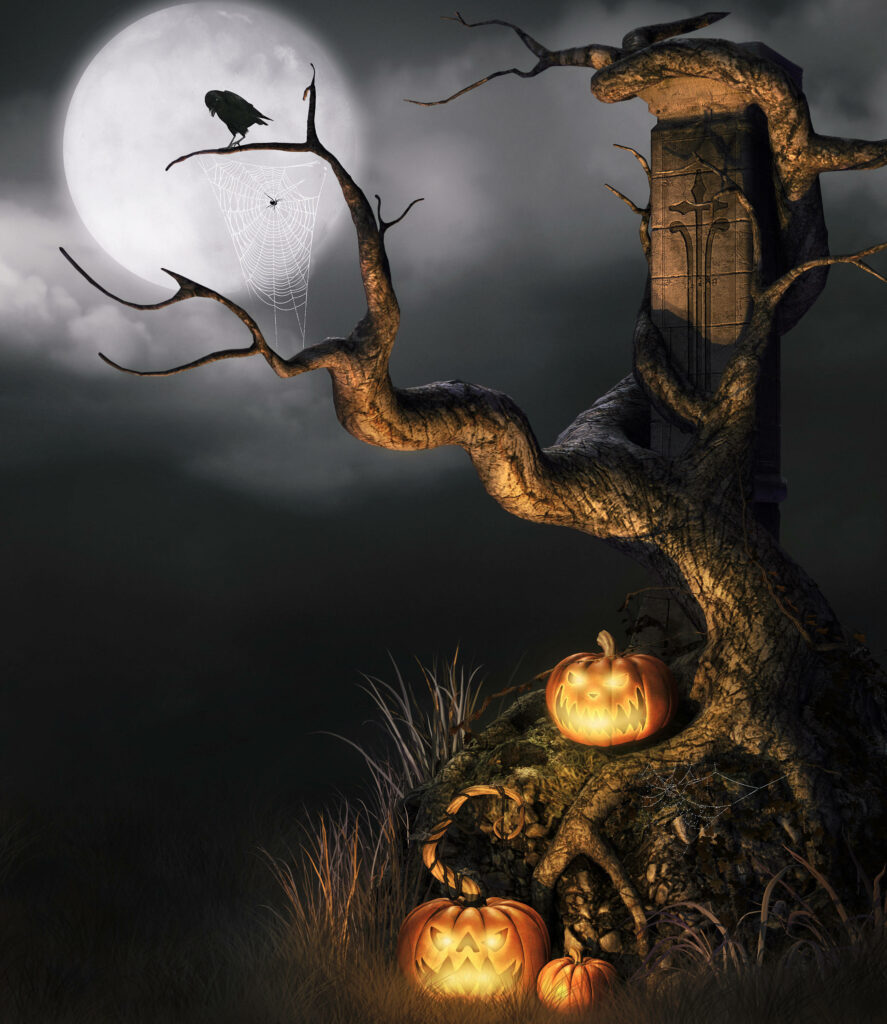 Enchanting Halloween Night: Bewitched Forest, Eerie Pillars, and a Mysterious Black Bird Wallpaper