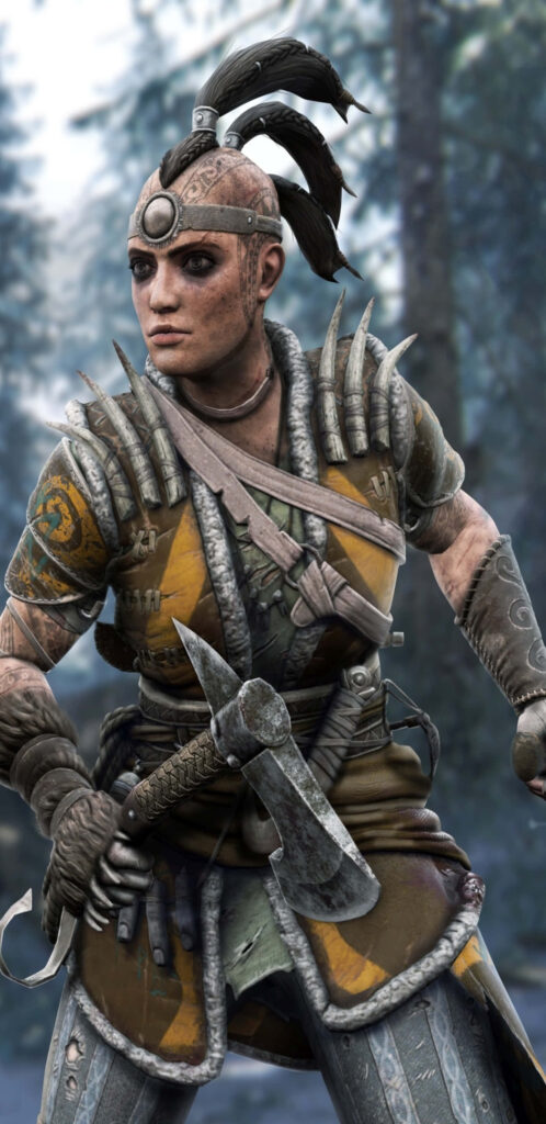 Fierce Shaman character in For Honor game, ready for battle in misty forest with wild tattoos, primal armor and weapons Wallpaper