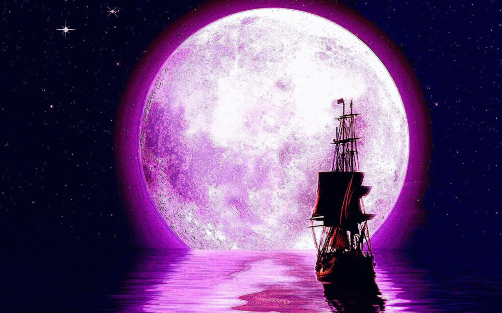 Enchanting Ship Wallpaper: Calm Waters & Pink Moon Under Stars
