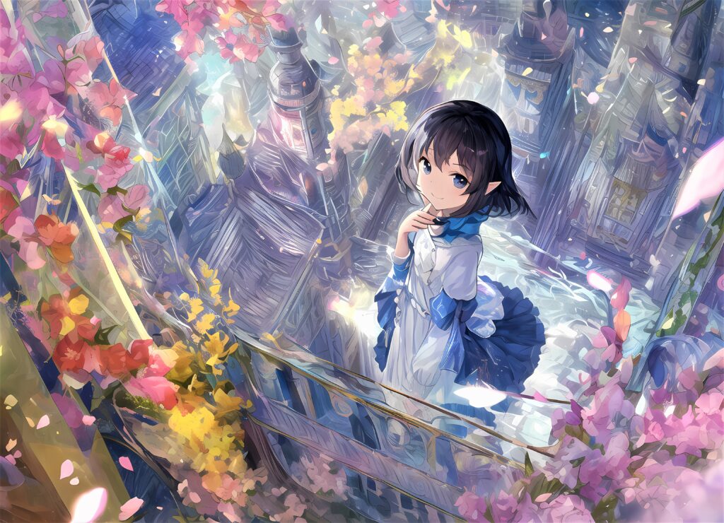 Enchanting Anime Wallpaper: Smiling Girl with Neko Ears & Flowers
