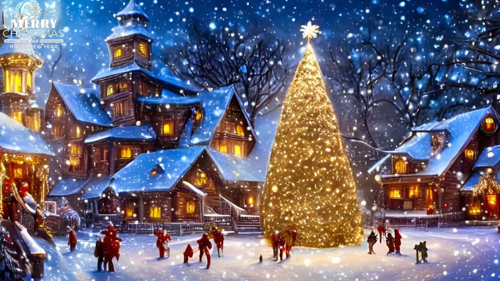 Enchanting Snow-Covered Christmas Village Wallpaper Background