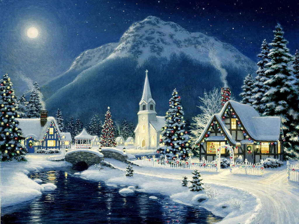 Enchanting Nighttime Snowy Village Wallpaper with Christmas Cheer