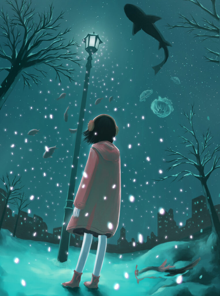 Enchanting Anime Wallpaper: Girl in Snowy Fantasy Underwater Scene