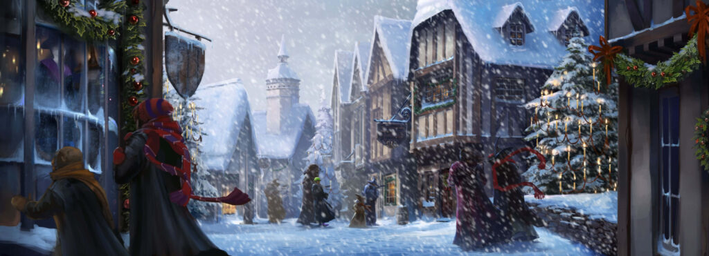 Magical Snowy Village Wallpaper: Festive Holiday Scene Background