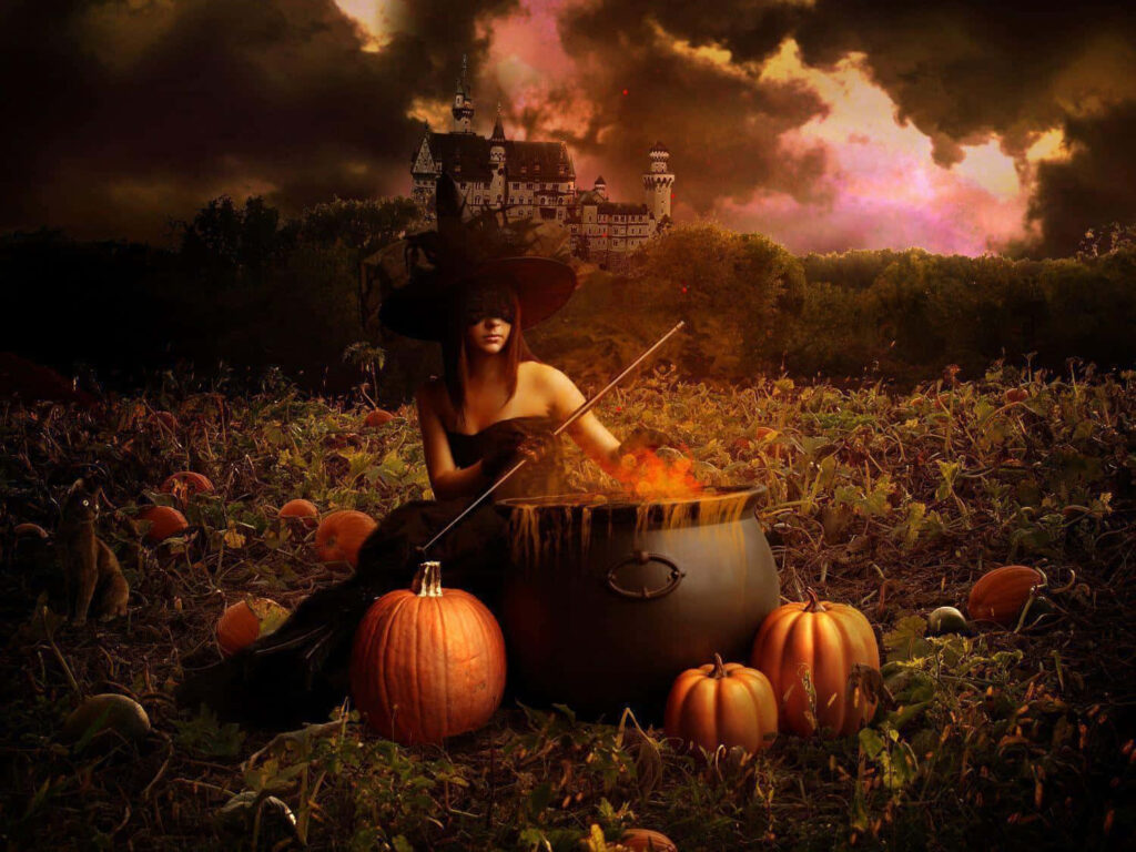 Wickedly Stylish Witch Conjures Enchanting Halloween Atmosphere Wallpaper