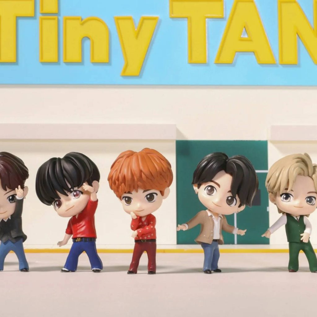 Cute TinyTAN BTS chibi dolls in vibrant poses bright TinyTAN background cartoon wallpaper